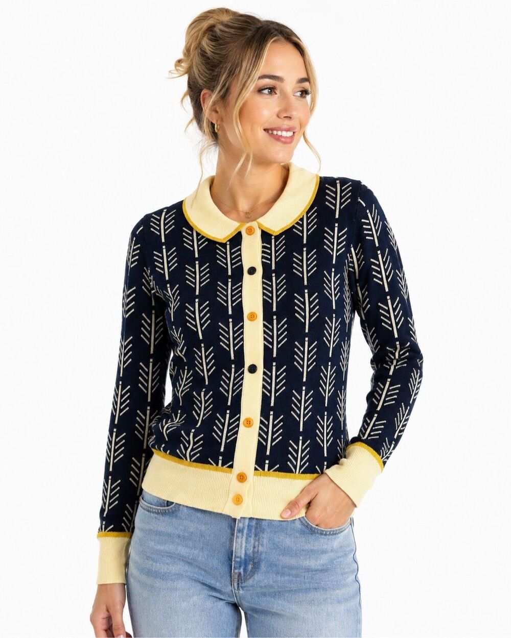 NWT OXKNIT Women’s Blue Retro 70s Jacquard Collared Cardigan Sweater Size Small